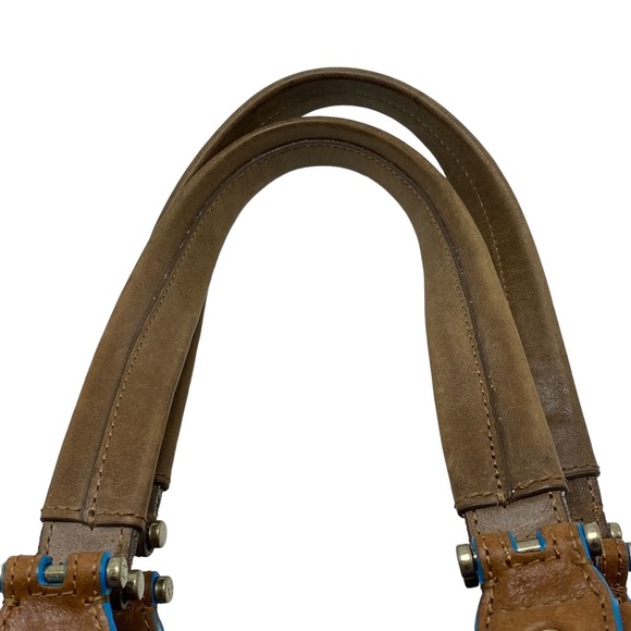 Olivia Harris tan leather tote shoulder bag subtle blue trim - Picture 3 of 12